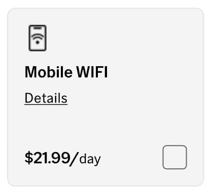 The Mobile WiFi add-on card with a details link, a daily price and an empty checkbox