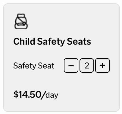 The Child Safety Seats add-on card with a quantity stepper set to 2