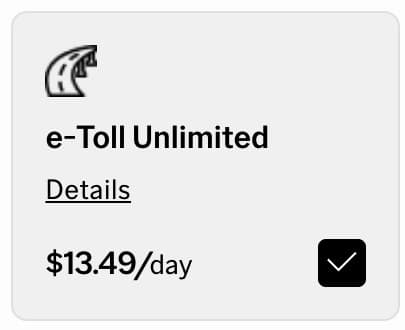 The e-Toll Unlimited add-on card with its checkbox ticked