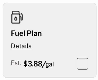 The Fuel Plan add-on card, priced at an estimated amount per gallon