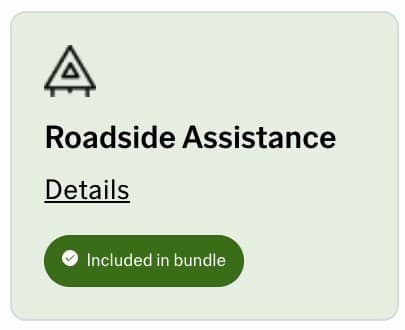The Roadside Assistance add-on card, tinted green with an Included in bundle badge