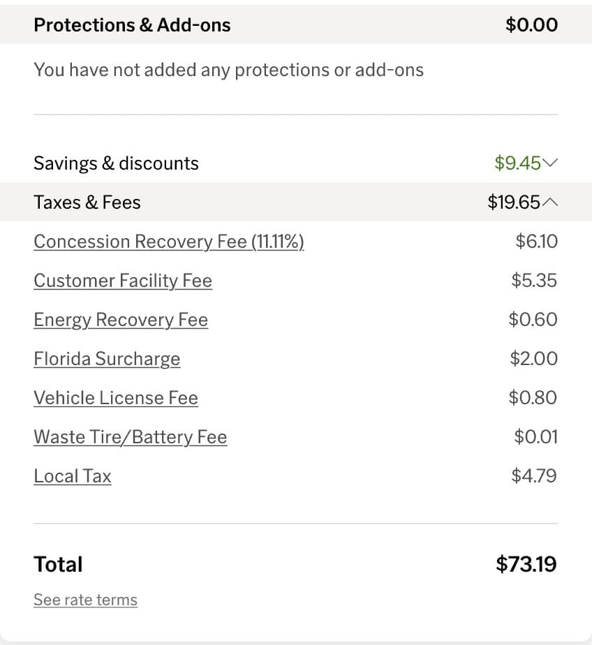 The booking summary from Protections and Add-ons down: savings, each tax and fee itemised, and the total