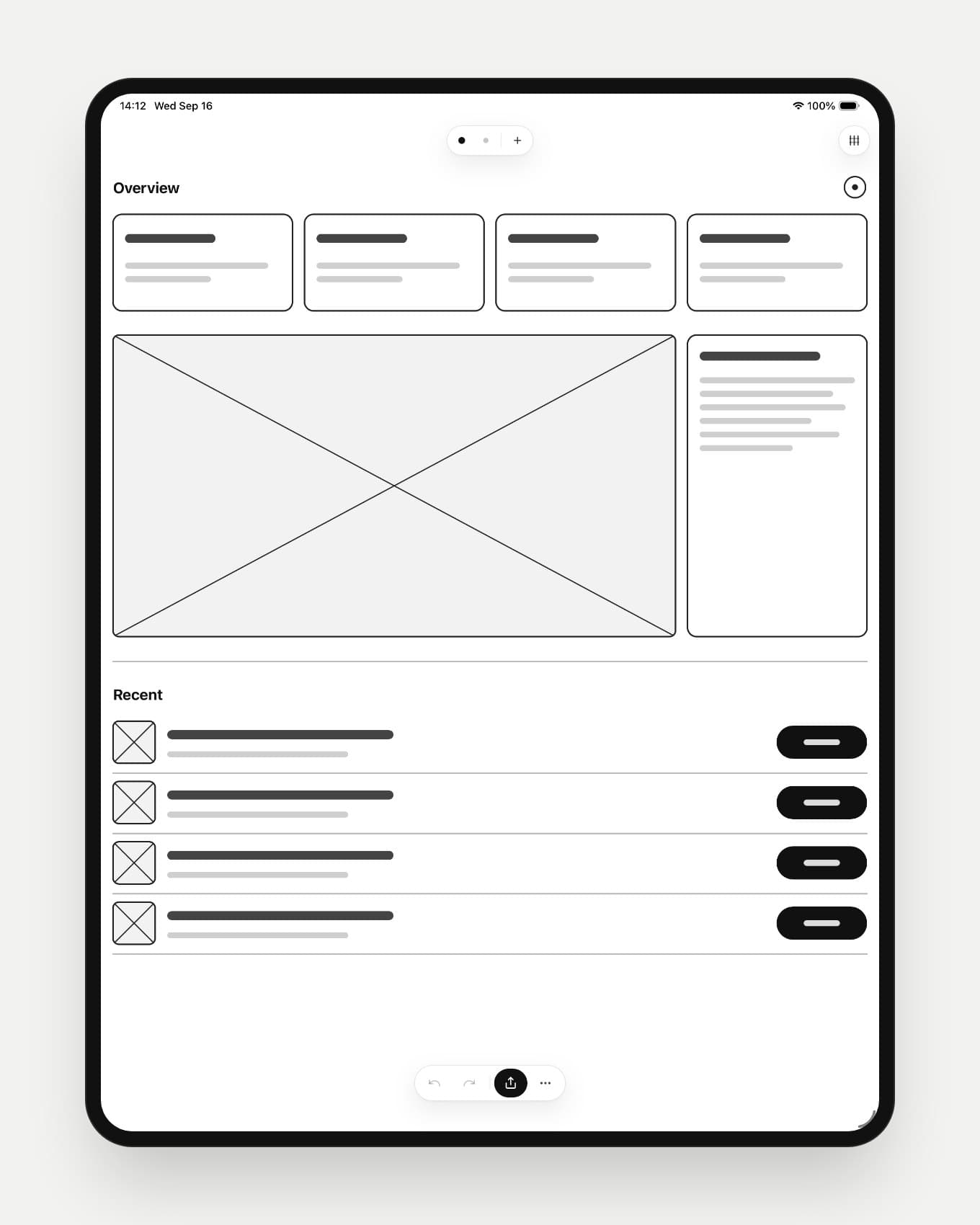 A dashboard wireframe drawn in DoodleWire on iPad