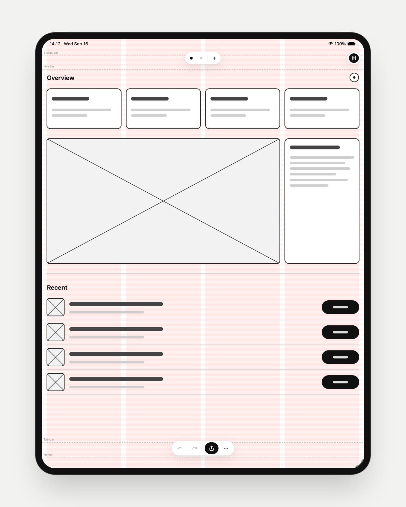 The same dashboard wireframe with the layout grid showing