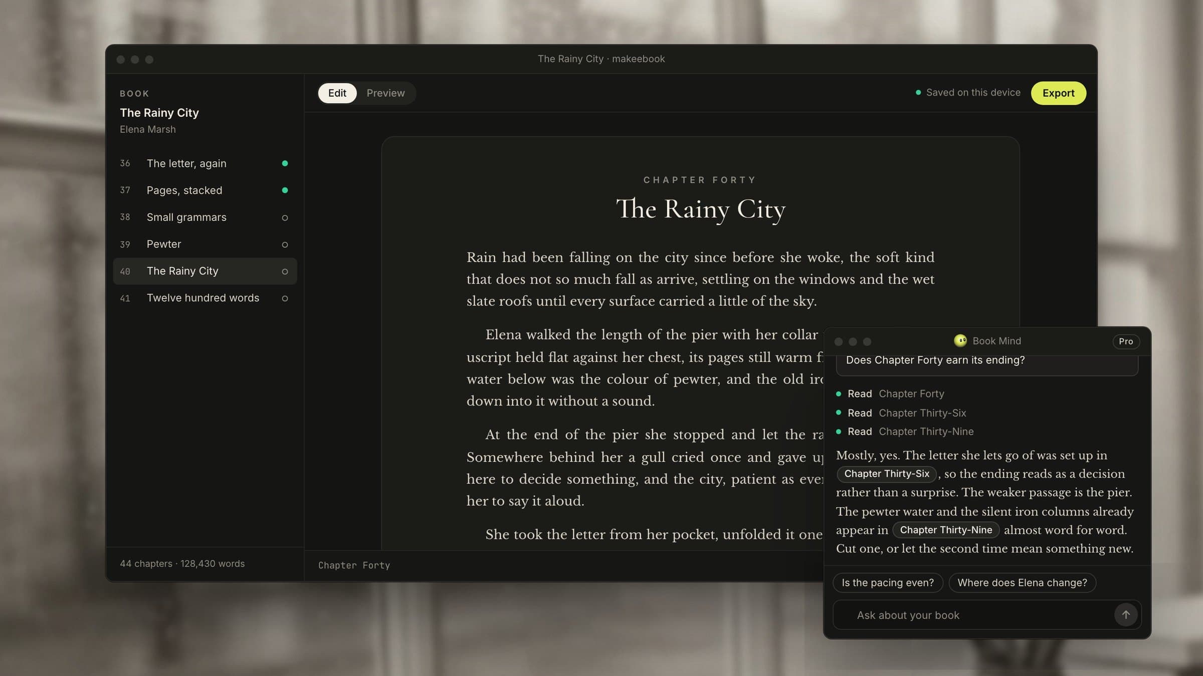 The makeebook editor with a chapter open and Book Mind answering a question about the ending