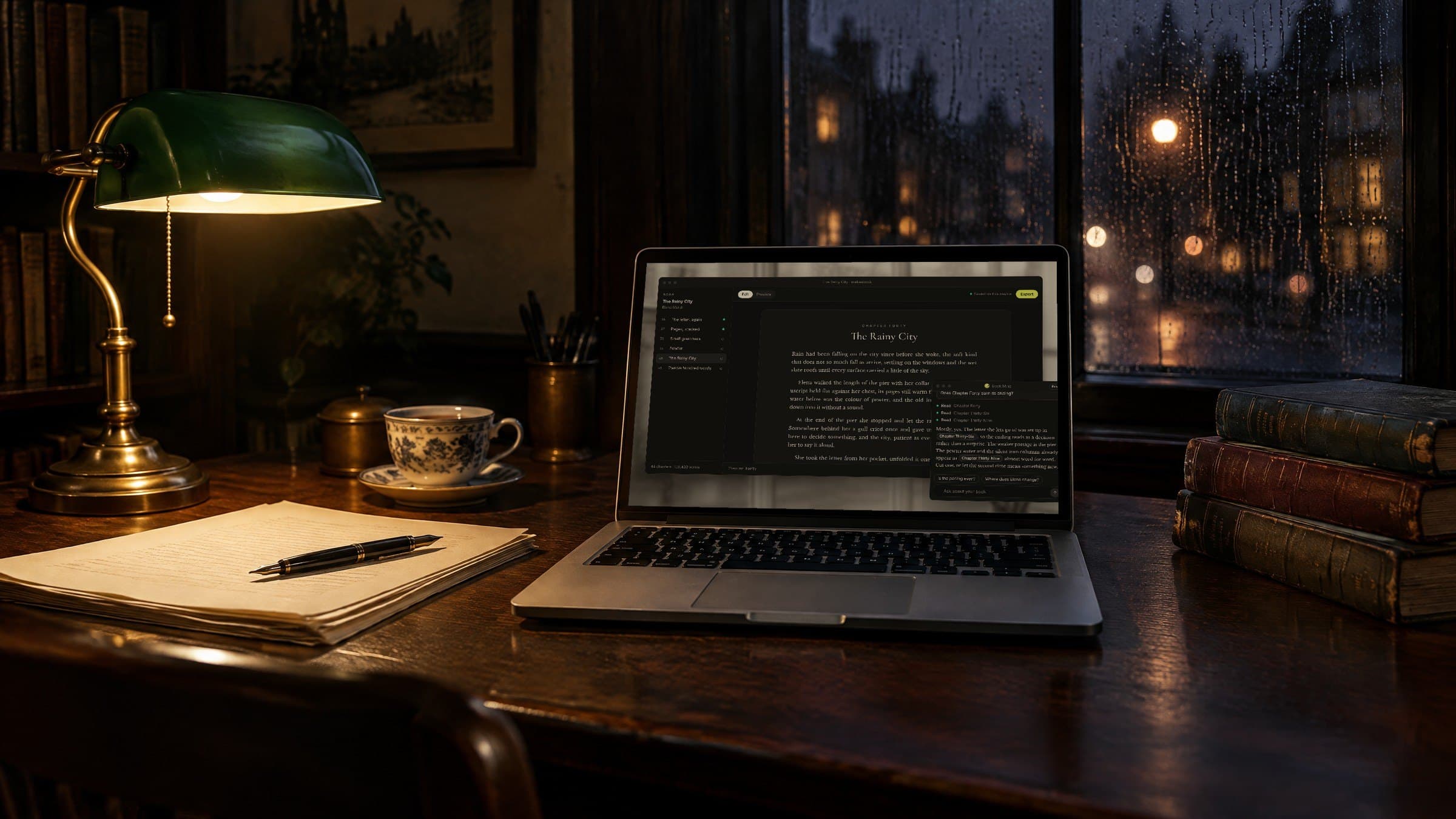 makeebook open on a laptop on a writer's desk at night under a brass lamp