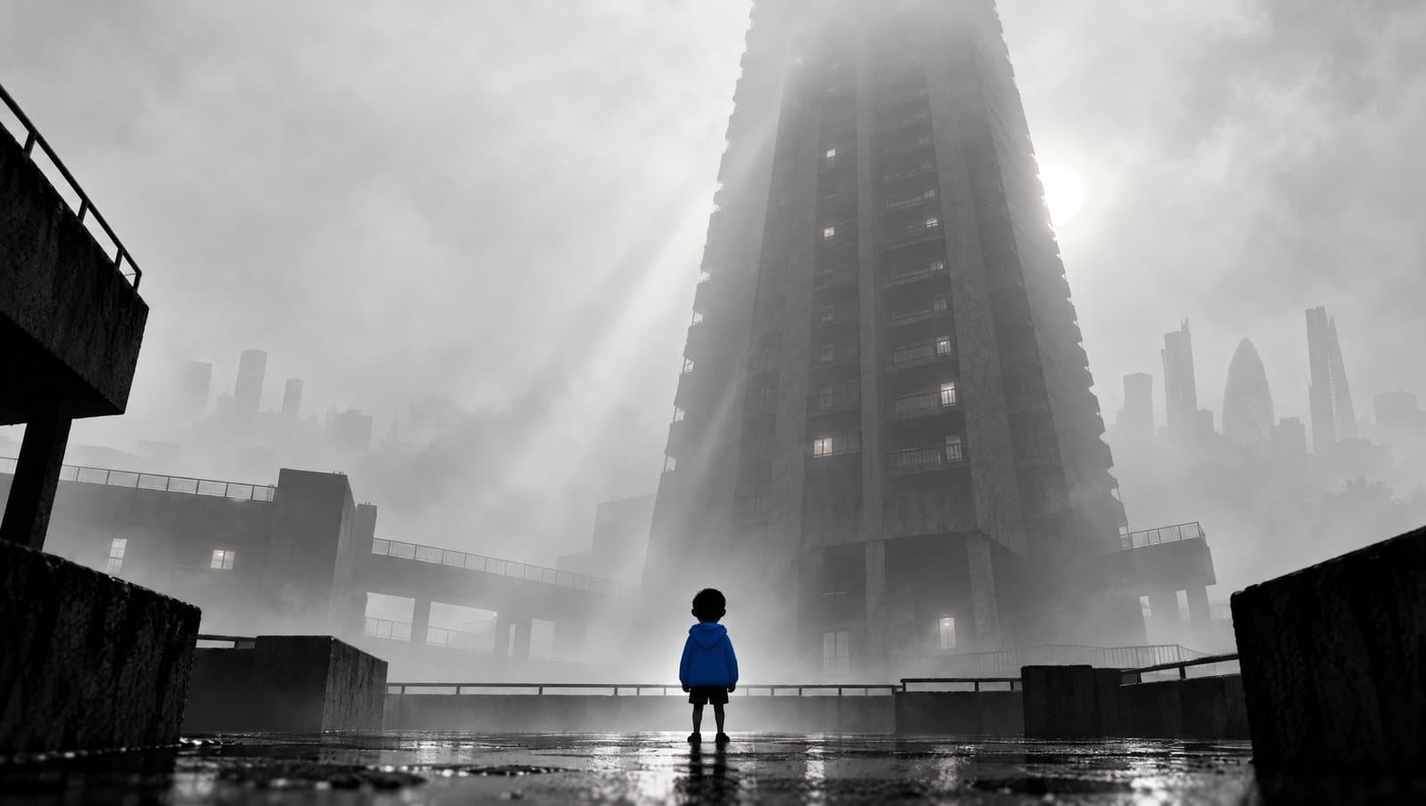 The boy alone on the deck below Petticoat Tower, the City's towers in the fog behind