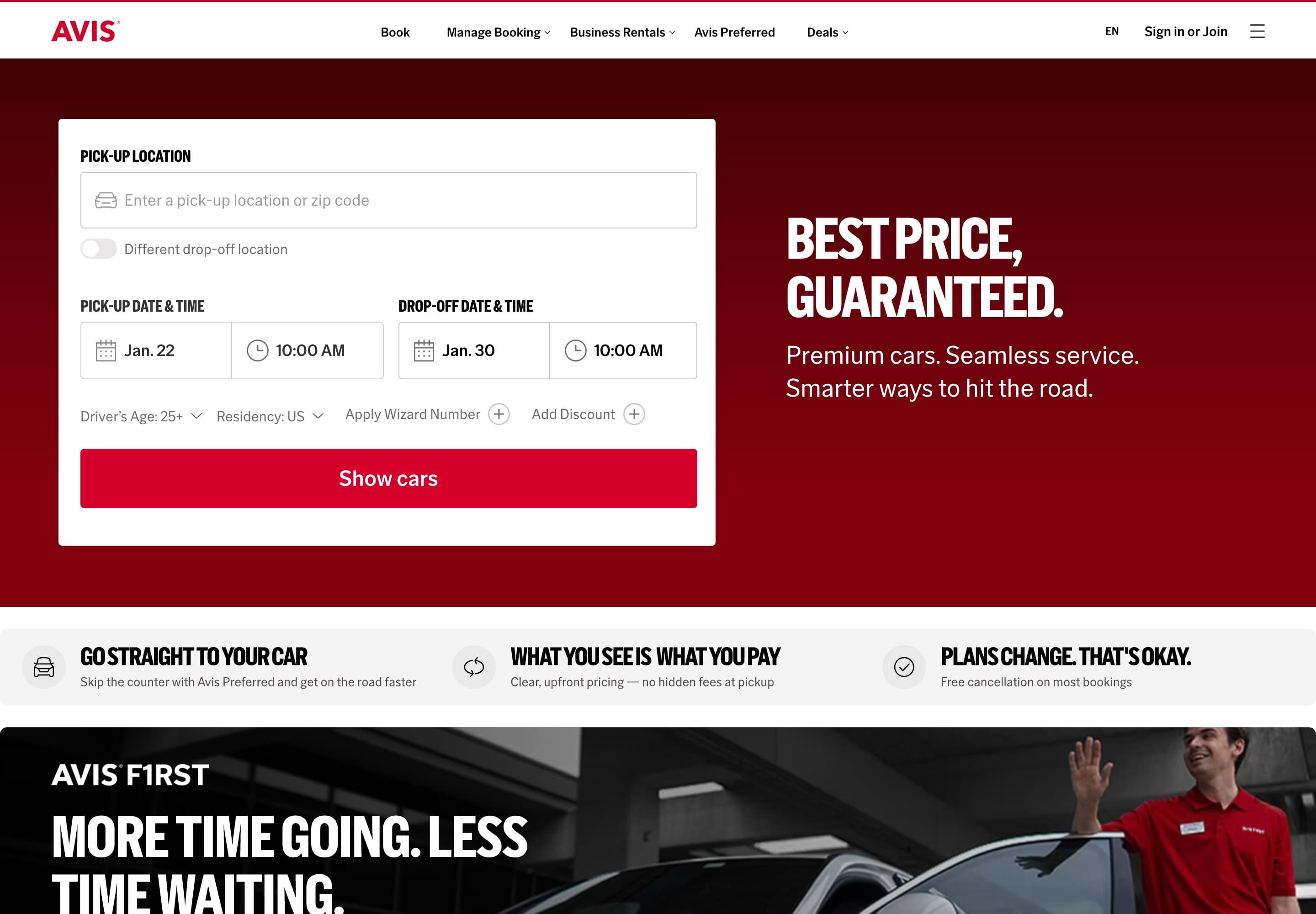 The top of the Avis homepage, with the pick-up location and dates
