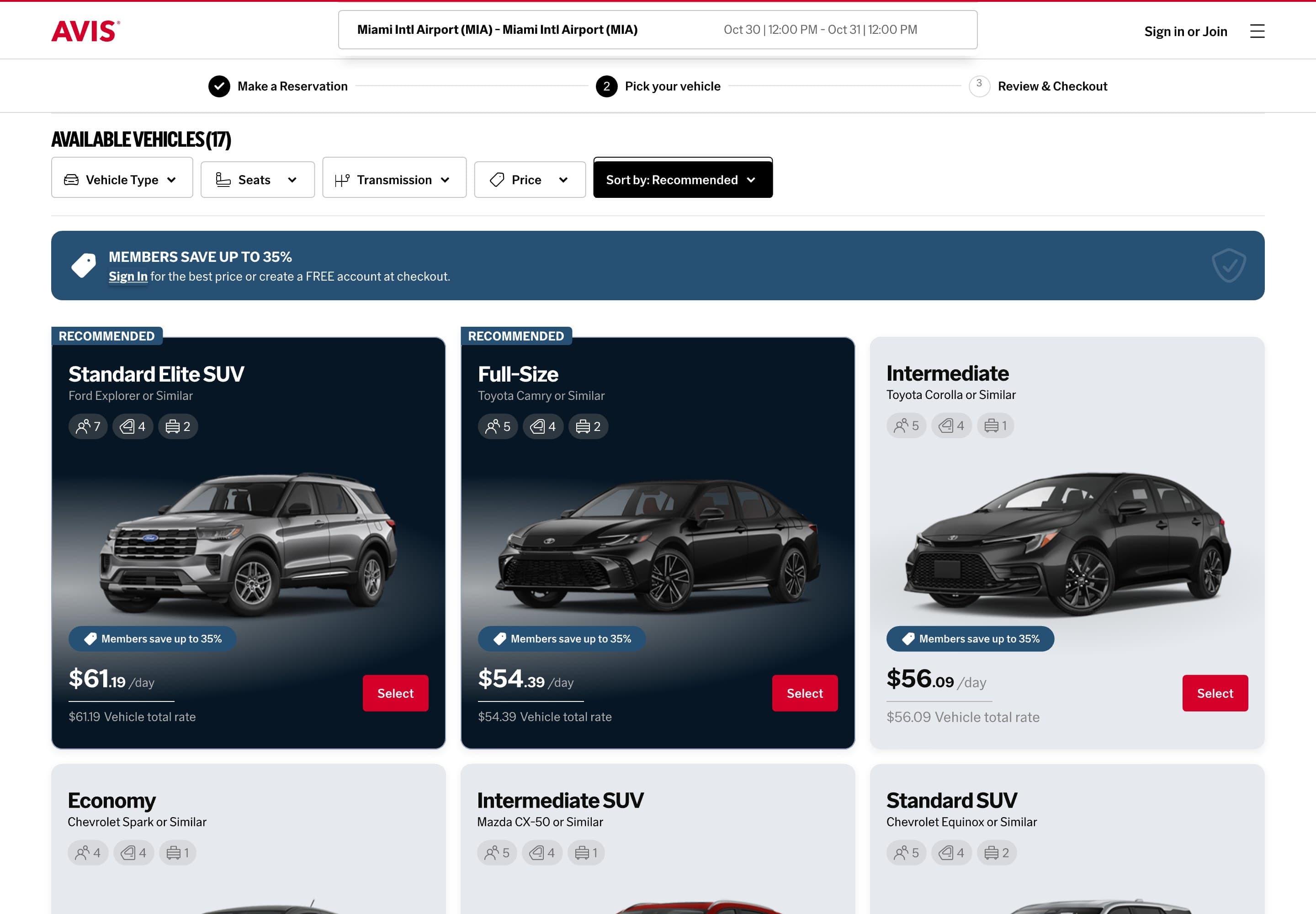 The top of the results page, with filters and the first vehicles and their daily prices