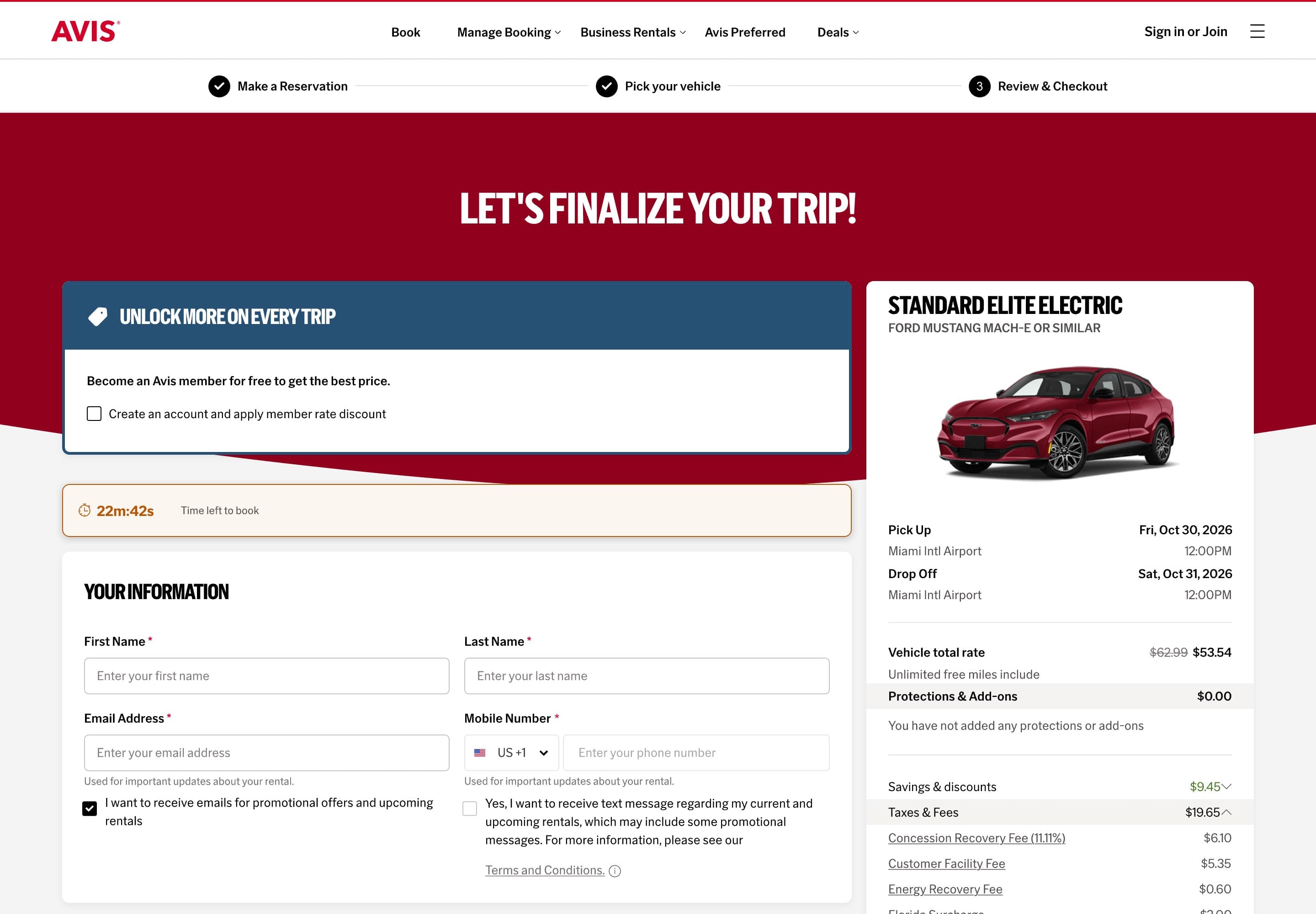 The top of the review and checkout page, with the booking form beside the booking summary